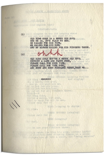 Moe Howard's 25pp. Script Dated May 1947 for The 1948 Three Stooges Film ''Fiddlers Three'' -- With Annotations in Moe's Hand, Call Sheet & 2 Additional Pages of Script Changes -- Very Good Condition